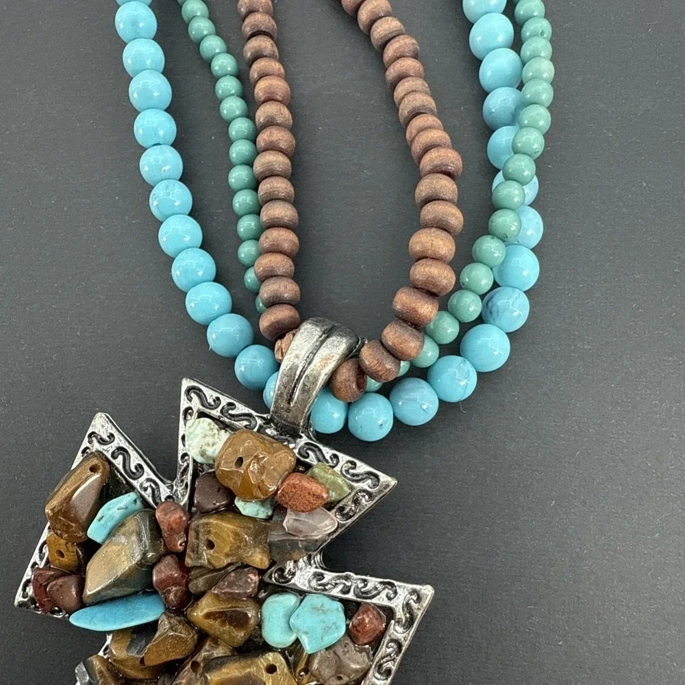 Vintage Southwestern Cross Pendant Necklace Turquoise Tiger Eye Jasper Stones - Picture 11 of 12